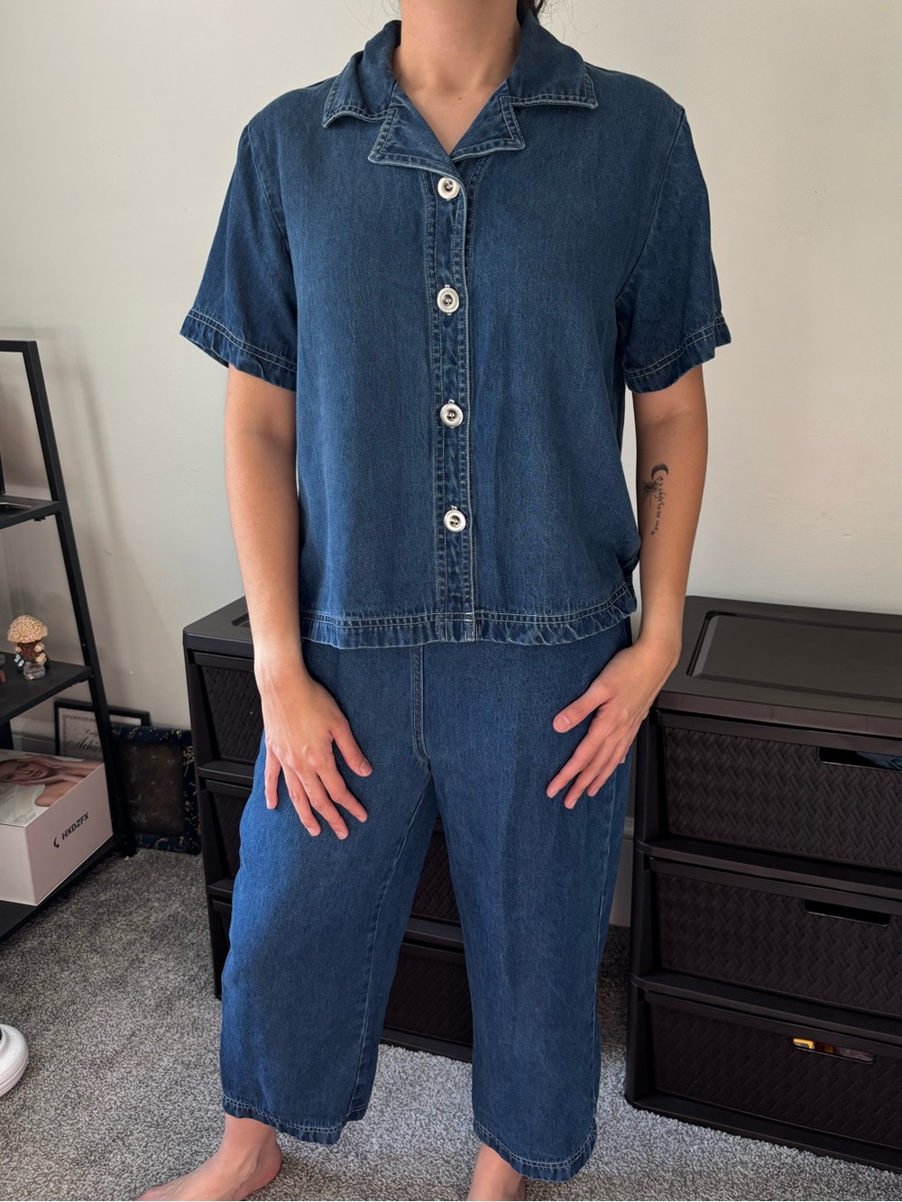 80s Vintage Preppy Blue Denim Relaxed Fit Boho Streetwear Denim Set Size Medium